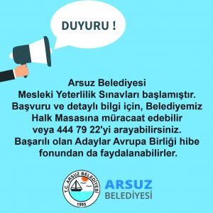 Arsuz Belediyesi Mesleki Yeterlilik Sınavları Duyurusu!